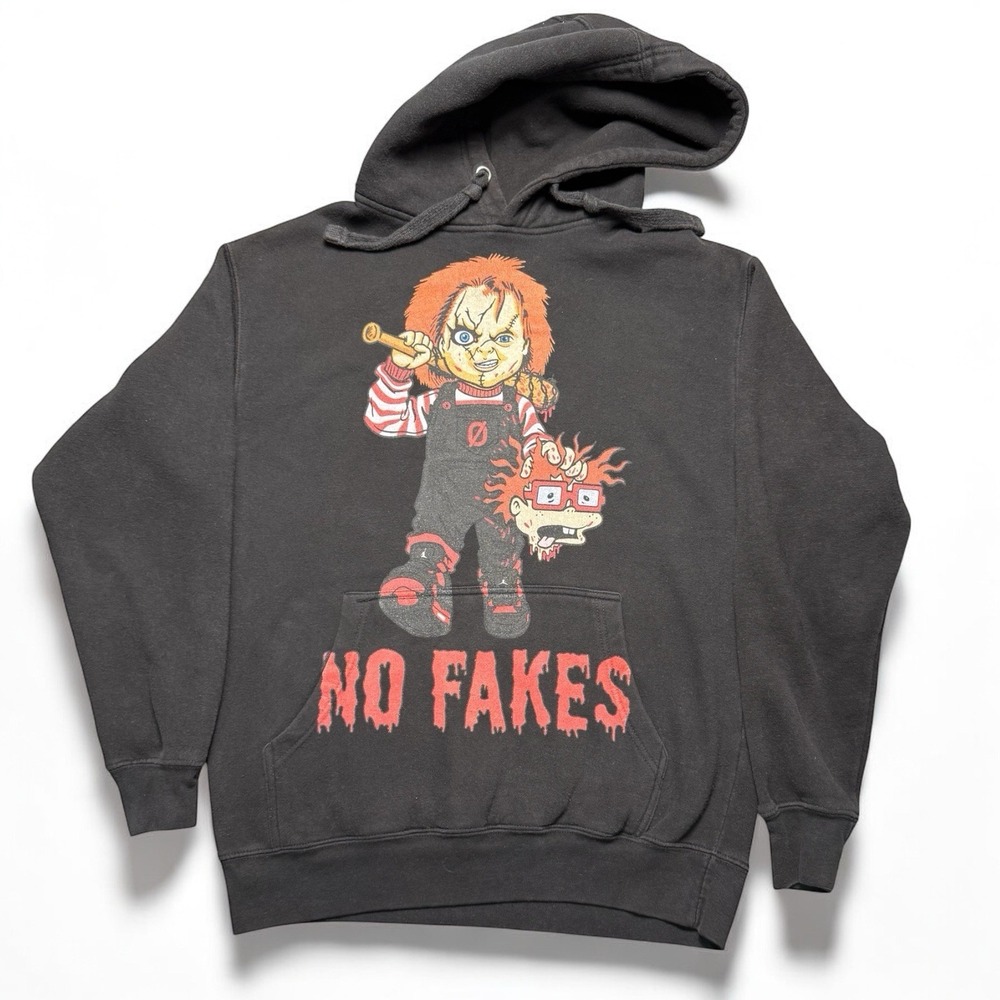 ANOM No Fakes Hoodie Medium Black Chucky Horror Parody Streetwear Rare Halloween